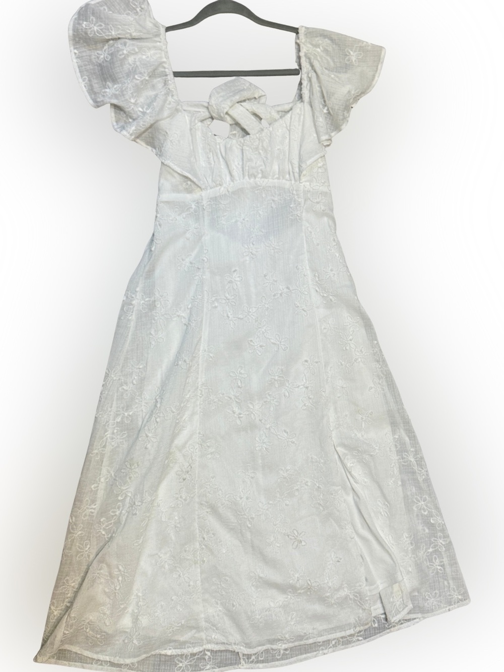 Altar’d State Women’s White Eyelet Maxi Dress with Flutter Sleeves Tie Back Slit